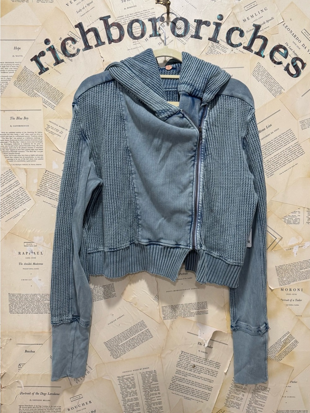 Free People One Asher Hoodie Zip Waffel Knit Ribbed Trim Green Autumn Sky